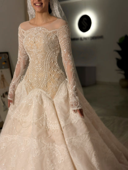 Lace & Beaded Ball Gown Wedding Dress with Sleeves