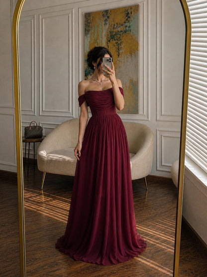 Off-the-Shoulder Ruched Corset Floor-Length Gown