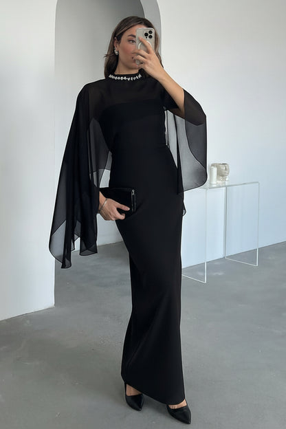 Crystal Neck Sheath Dress with Detachable Cape Sleeves