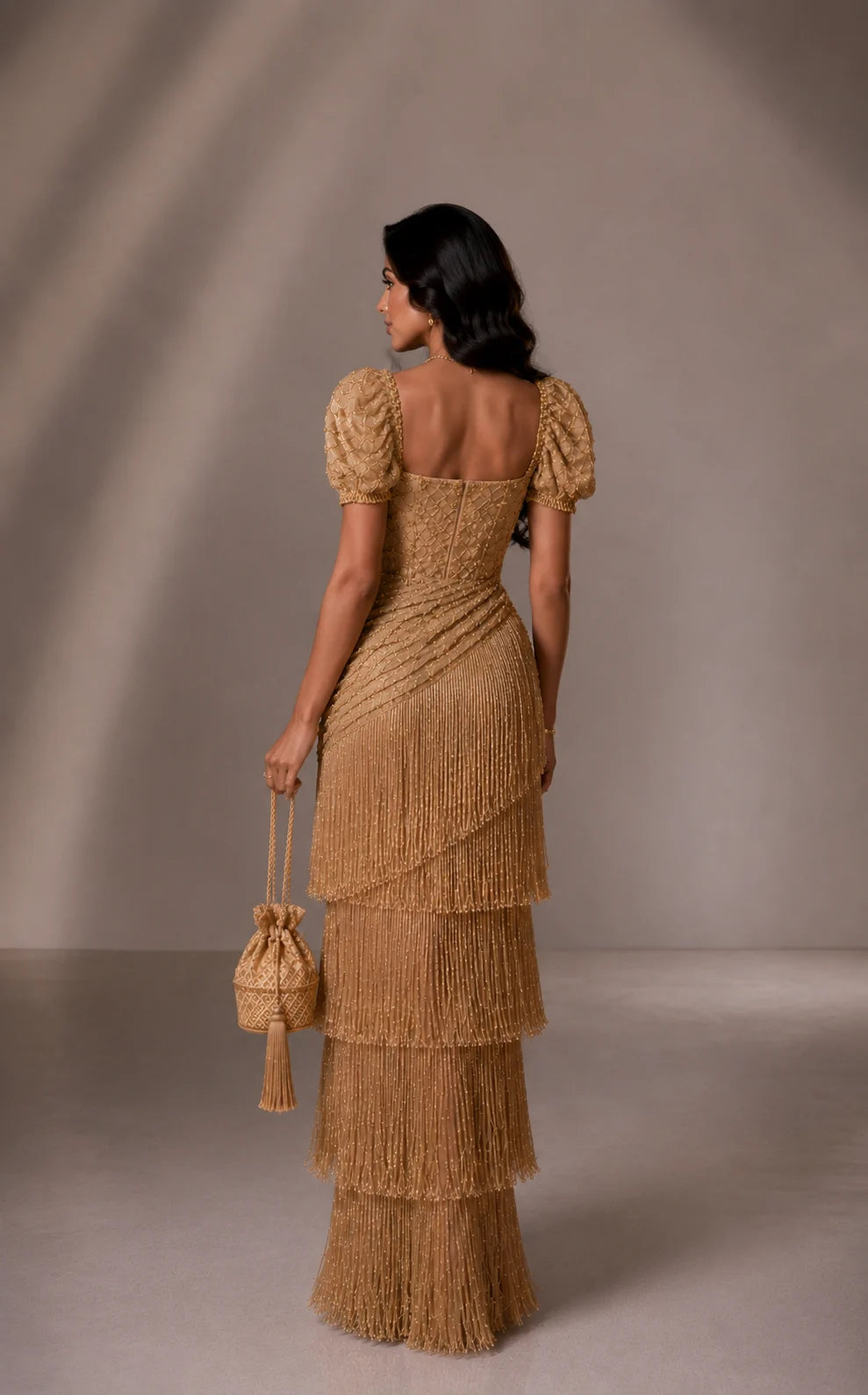 Tiered Fringe Corset Gown with Puff Sleeves