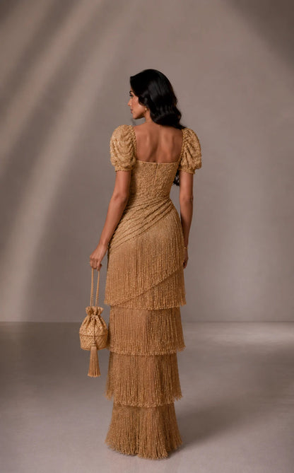 Tiered Fringe Corset Gown with Puff Sleeves