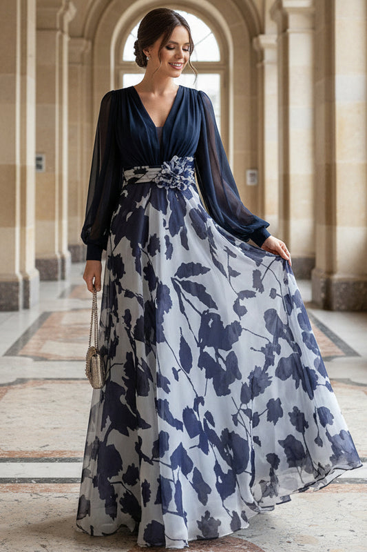 Navy Blue Floral Print Chiffon A-Line Maxi Dress with Sheer Long Sleeves & Flower Waist Detail