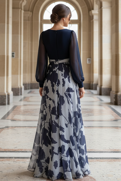 Navy Blue Floral Print Chiffon A-Line Maxi Dress with Sheer Long Sleeves & Flower Waist Detail