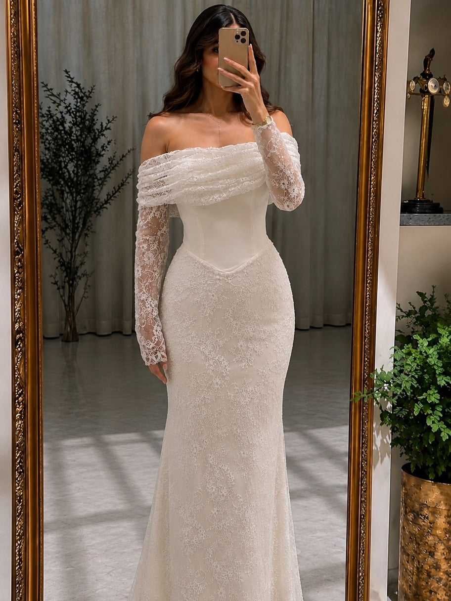 Off-the-Shoulder Lace Mermaid Gown with Long Sleeves