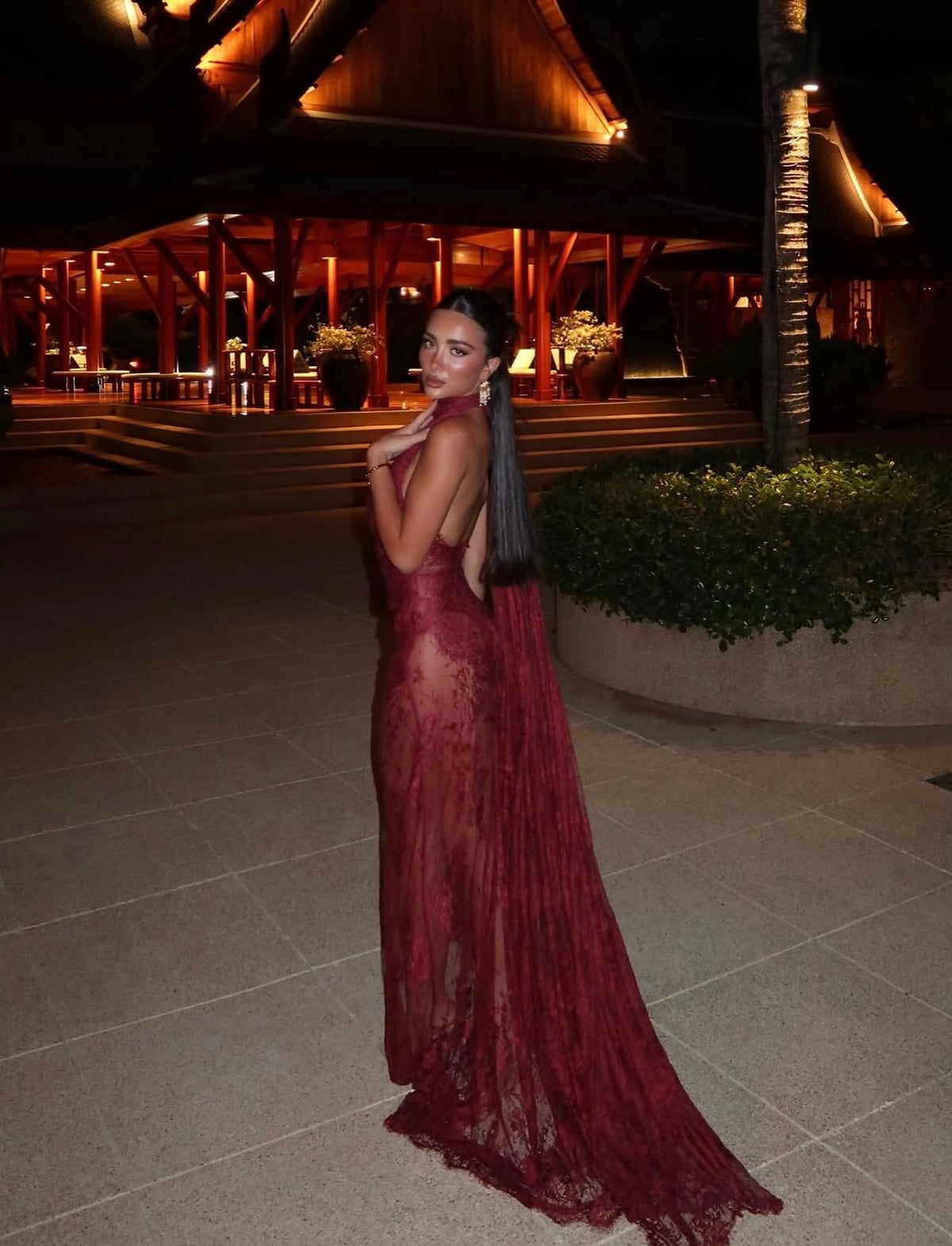 High Neck Lace Evening Gown with Cape and Slit