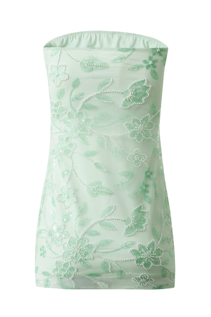 Strapless Floral Beaded Mesh Mini Dress
