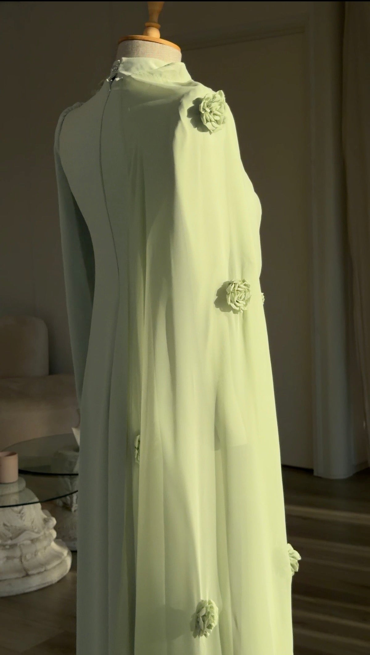 High-Neck Maxi Gown with Draped Rosette Cape