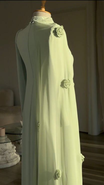 High-Neck Maxi Gown with Draped Rosette Cape