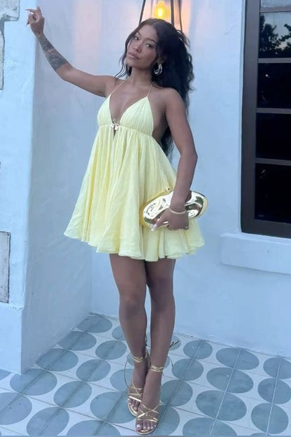 Pleated Halter Chiffon Mini Dress