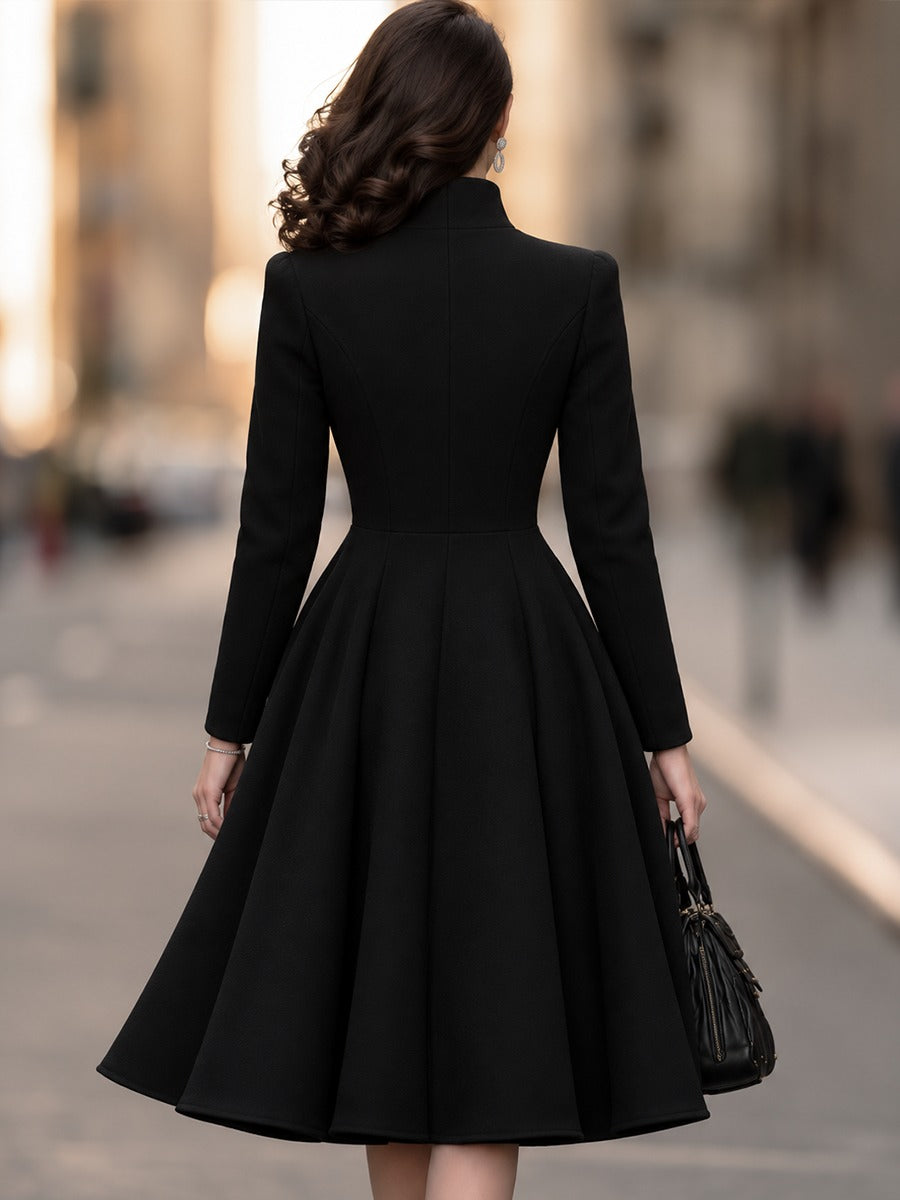 High-Neck Asymmetric Button Midi Coat Dress