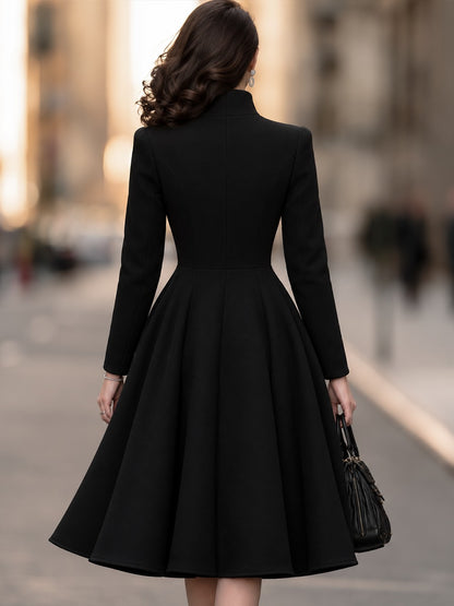 High-Neck Asymmetric Button Midi Coat Dress