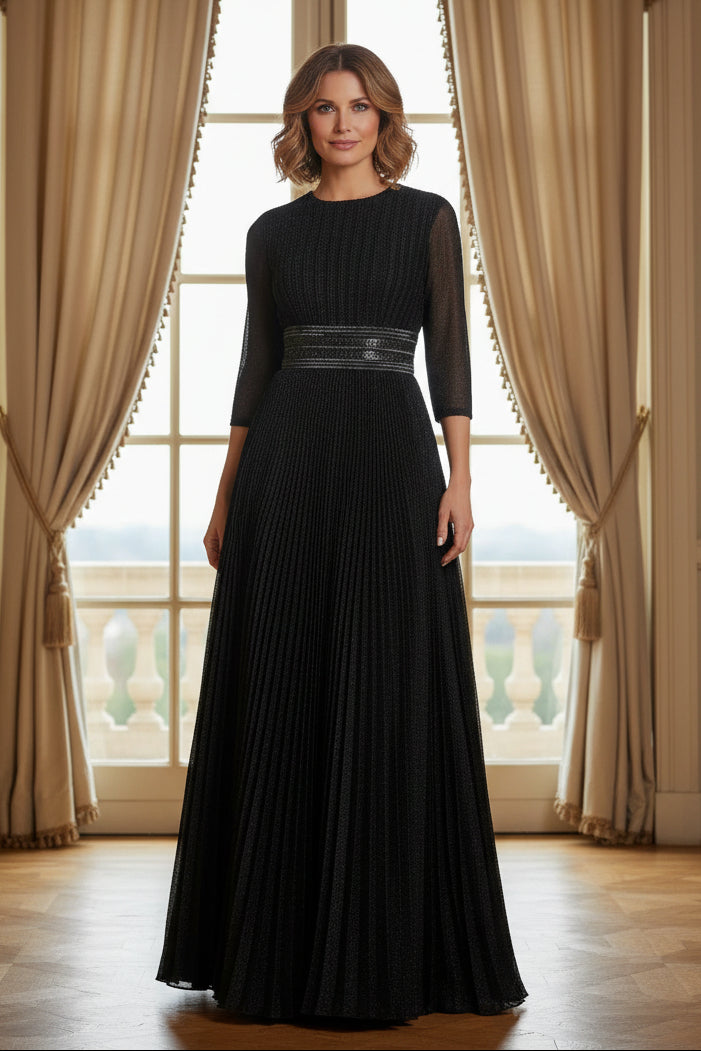 Pleated A-Line Evening Gown with 3/4 Sleeves