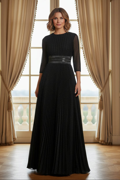 Pleated A-Line Evening Gown with 3/4 Sleeves