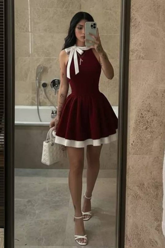 Halter Neck A-Line Mini Dress with Bow Details