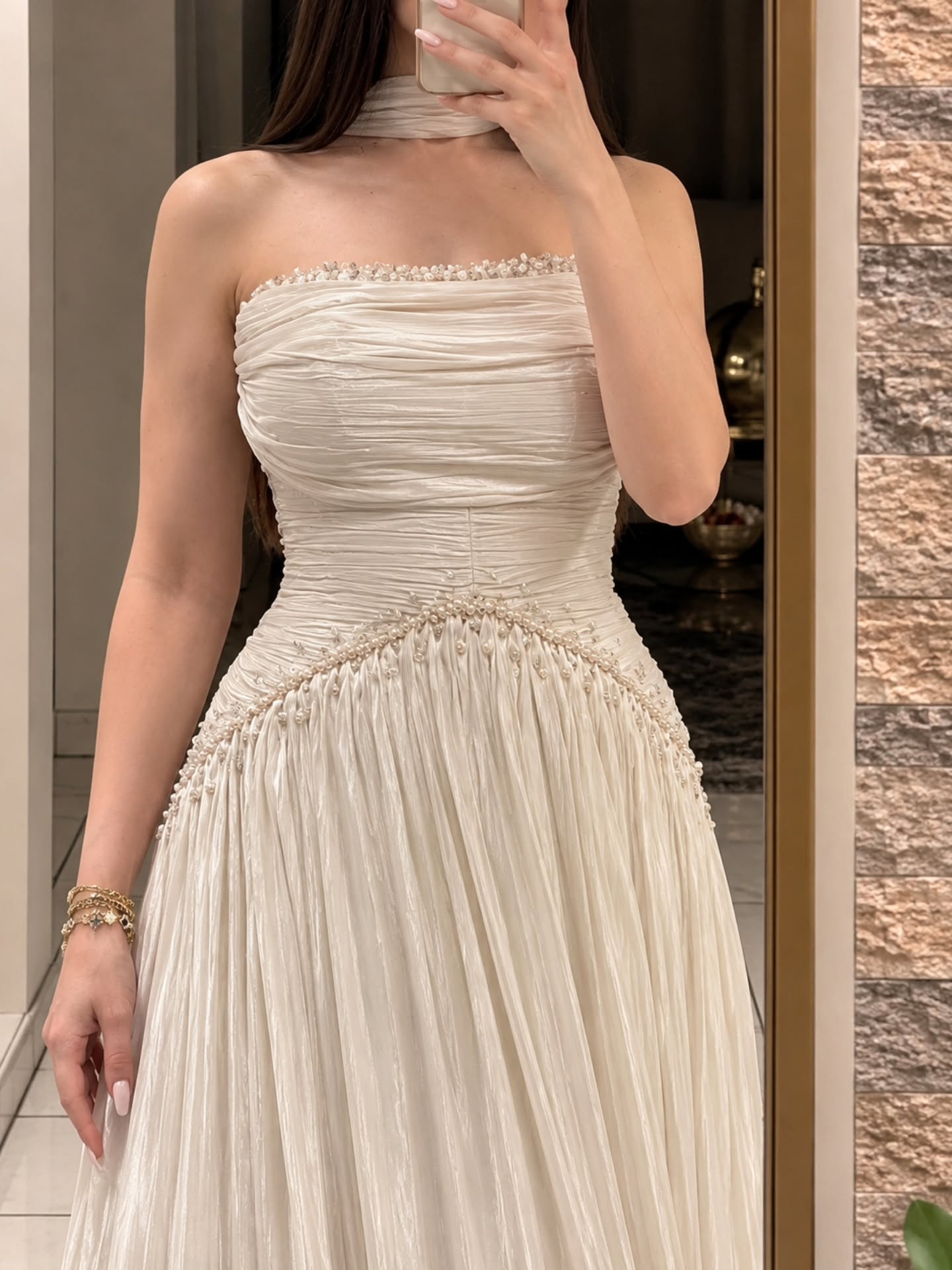 Strapless Ruched Maxi Dress with Beaded Waist