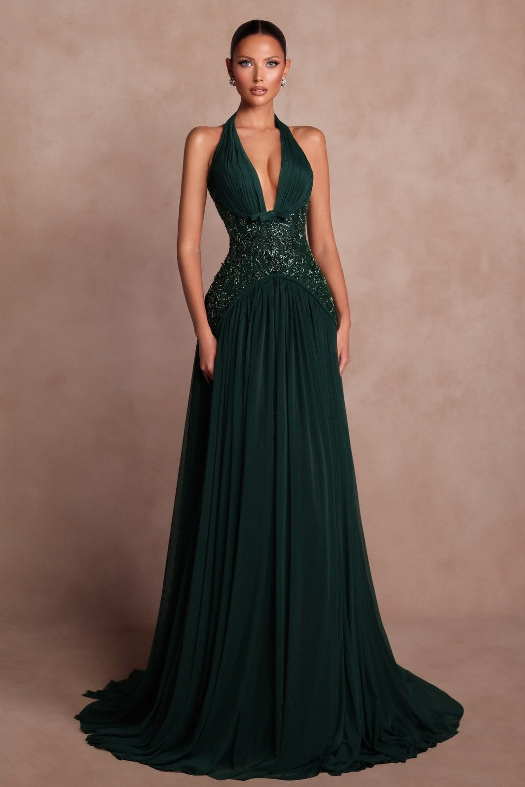 Halter Deep V-Neck Pleated A-Line Evening Gown