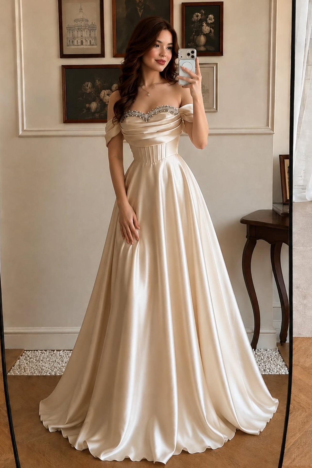 Beaded Off-the-Shoulder Satin Corset Gown