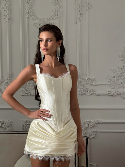 Satin Corset Mini Dress with Lace Trim