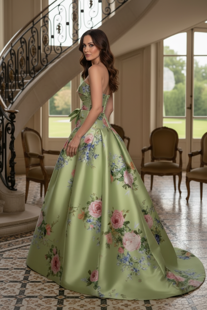 Strapless Floral Print Satin Ball Gown