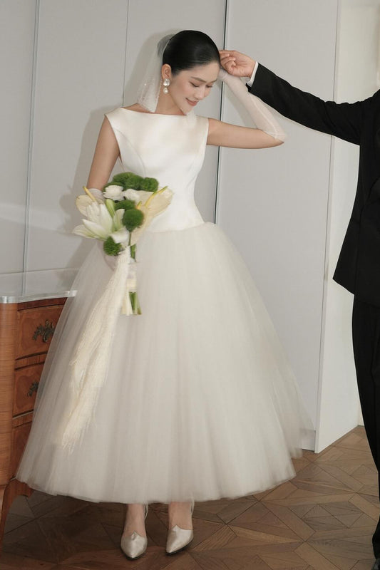 Bateau Neck Satin and Tulle Ball Gown Wedding Dress