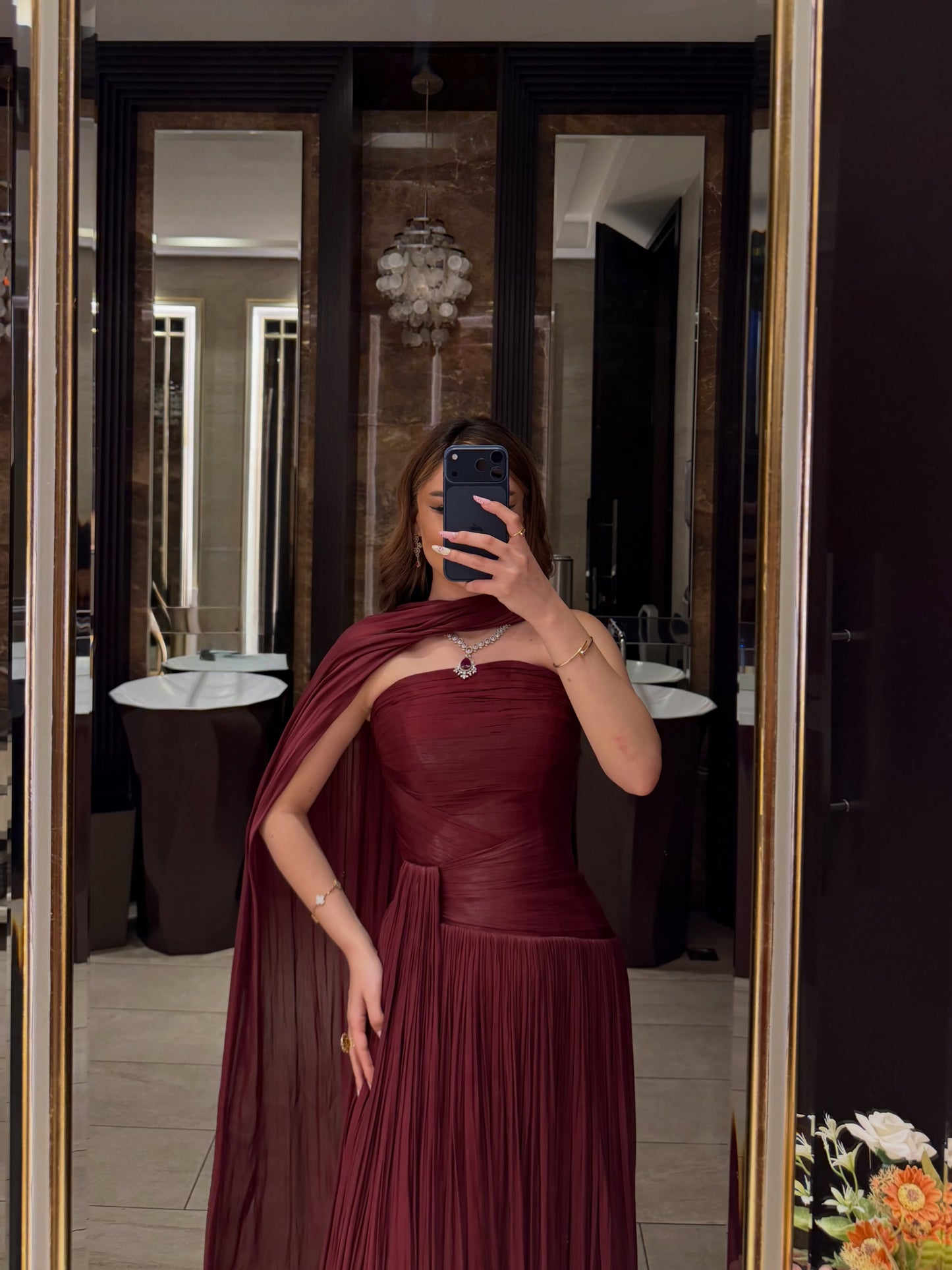 Strapless Pleated Evening Gown with Shawl