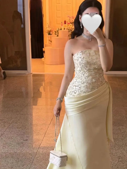 Strapless Beaded Satin Evening Gown