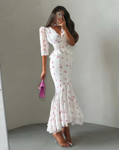 Floral Print Mermaid Midi Dress with Ruffle Hem