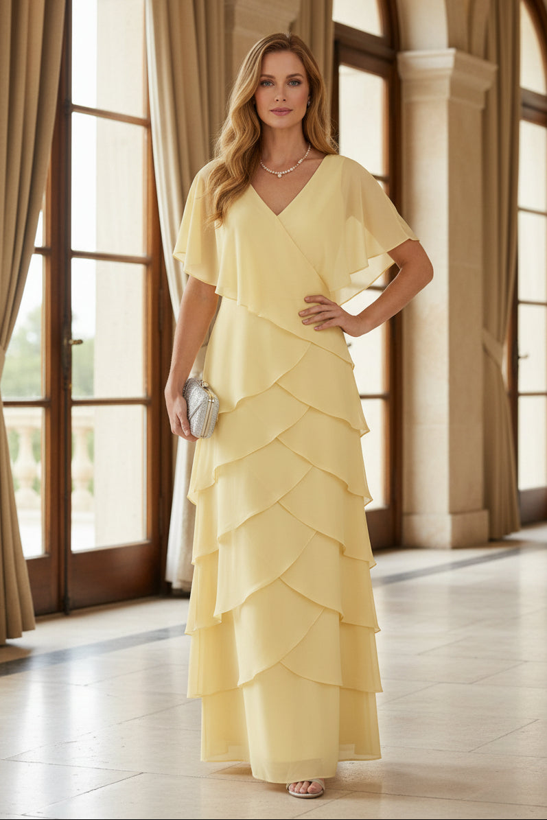 Tiered Chiffon Wrap Dress with Flutter Sleeves