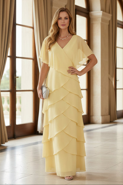 Tiered Chiffon Wrap Dress with Flutter Sleeves