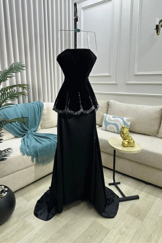 Strapless Crystal Peplum Mermaid Gown