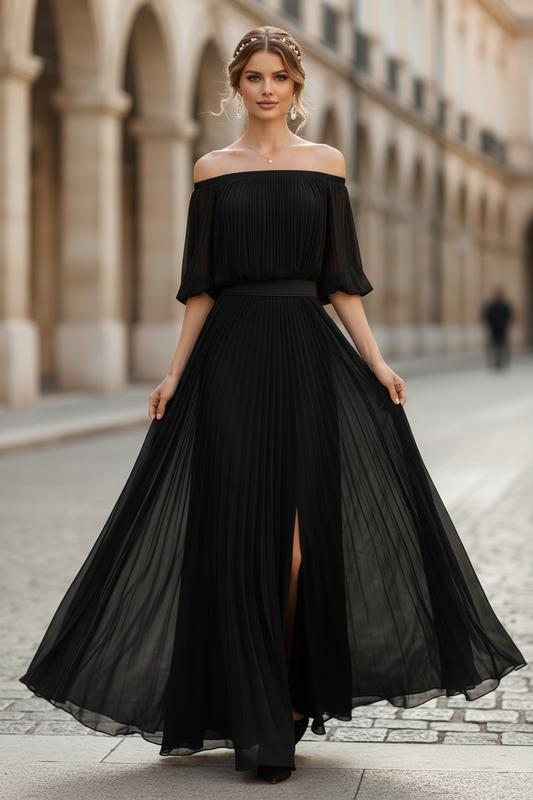 Off Shoulder Pleated Chiffon Maxi Dress with High Slit