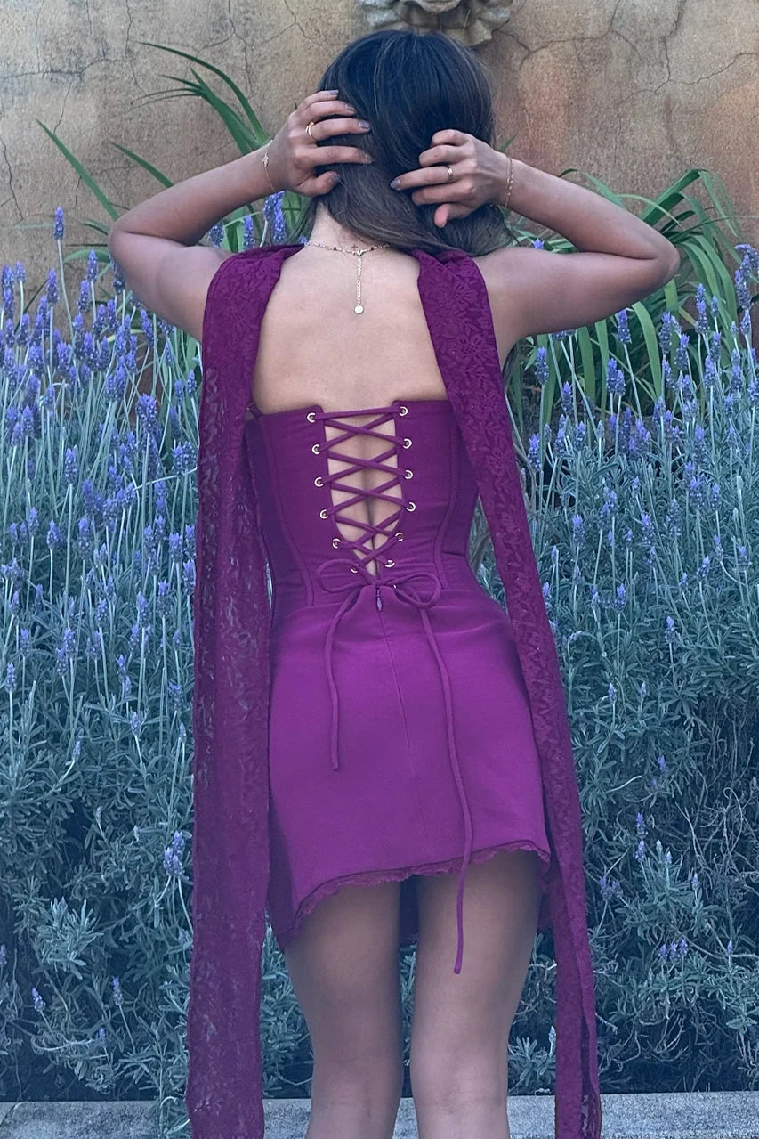 Corset Lace-Trim Mini Dress with Neck Scarf