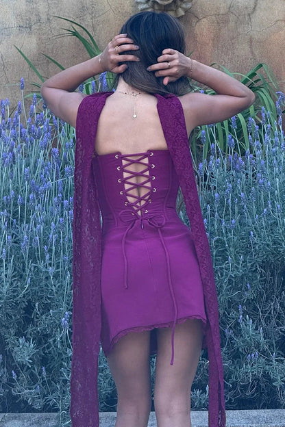Corset Lace-Trim Mini Dress with Neck Scarf