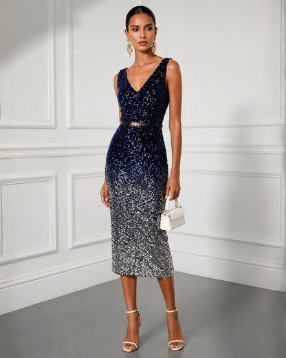 Ombre Sequin V-Neck Midi Sheath Dress