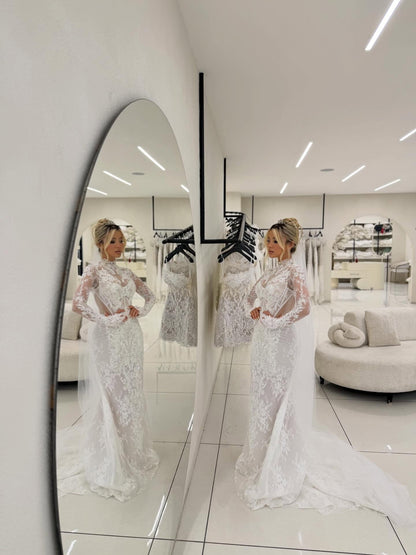 Lace High Neck Wedding Dress with Train