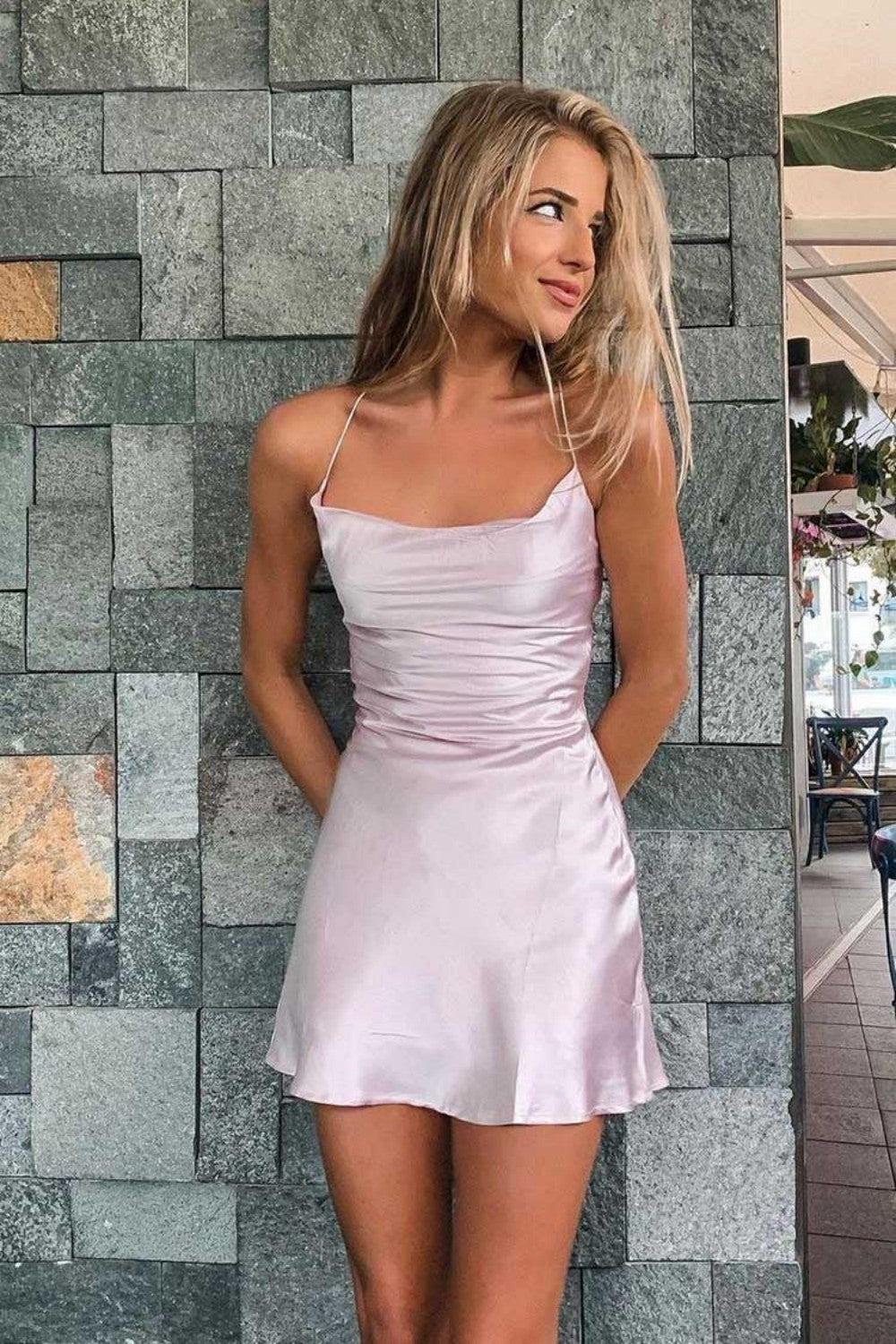 Satin Cowl Neck Backless Mini Slip Dress