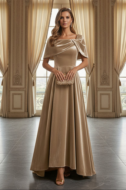 Velvet Capelet Evening Gown with Beaded Straps