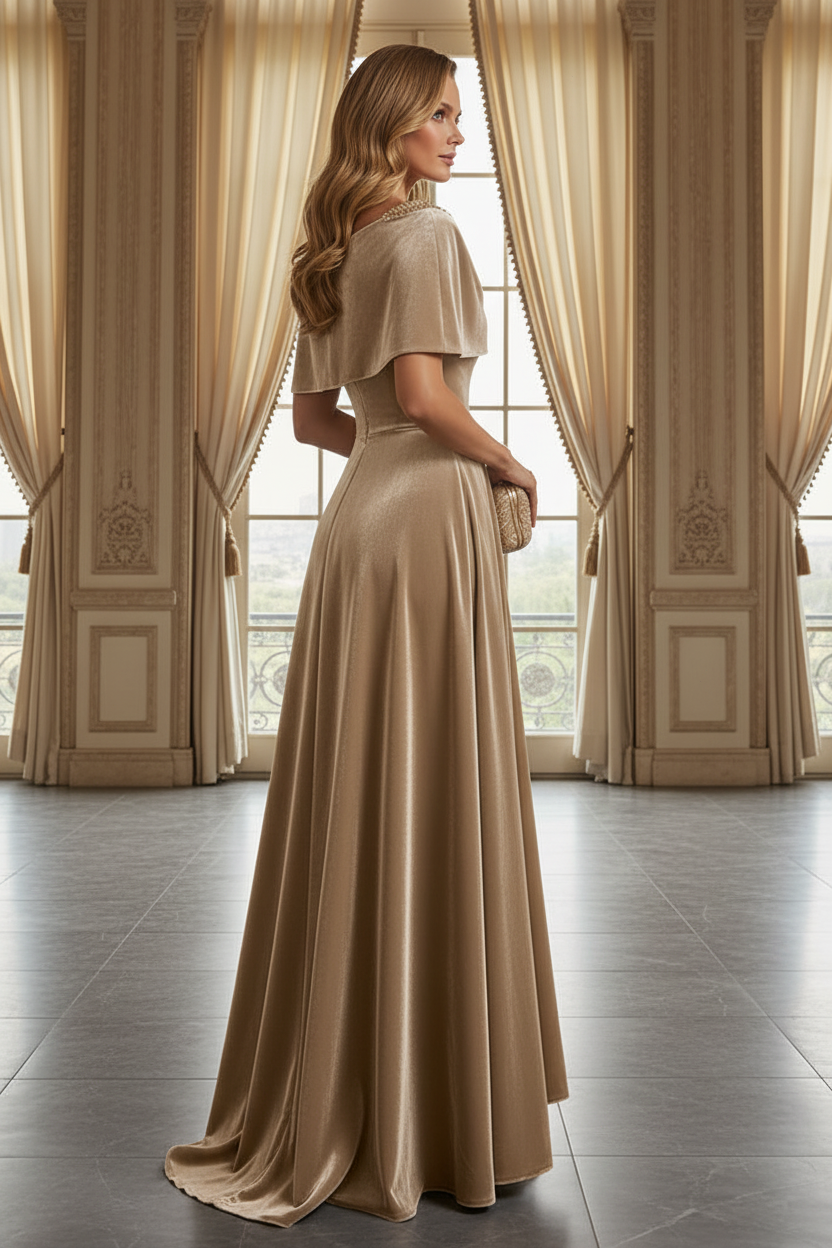 Velvet Capelet Evening Gown with Beaded Straps