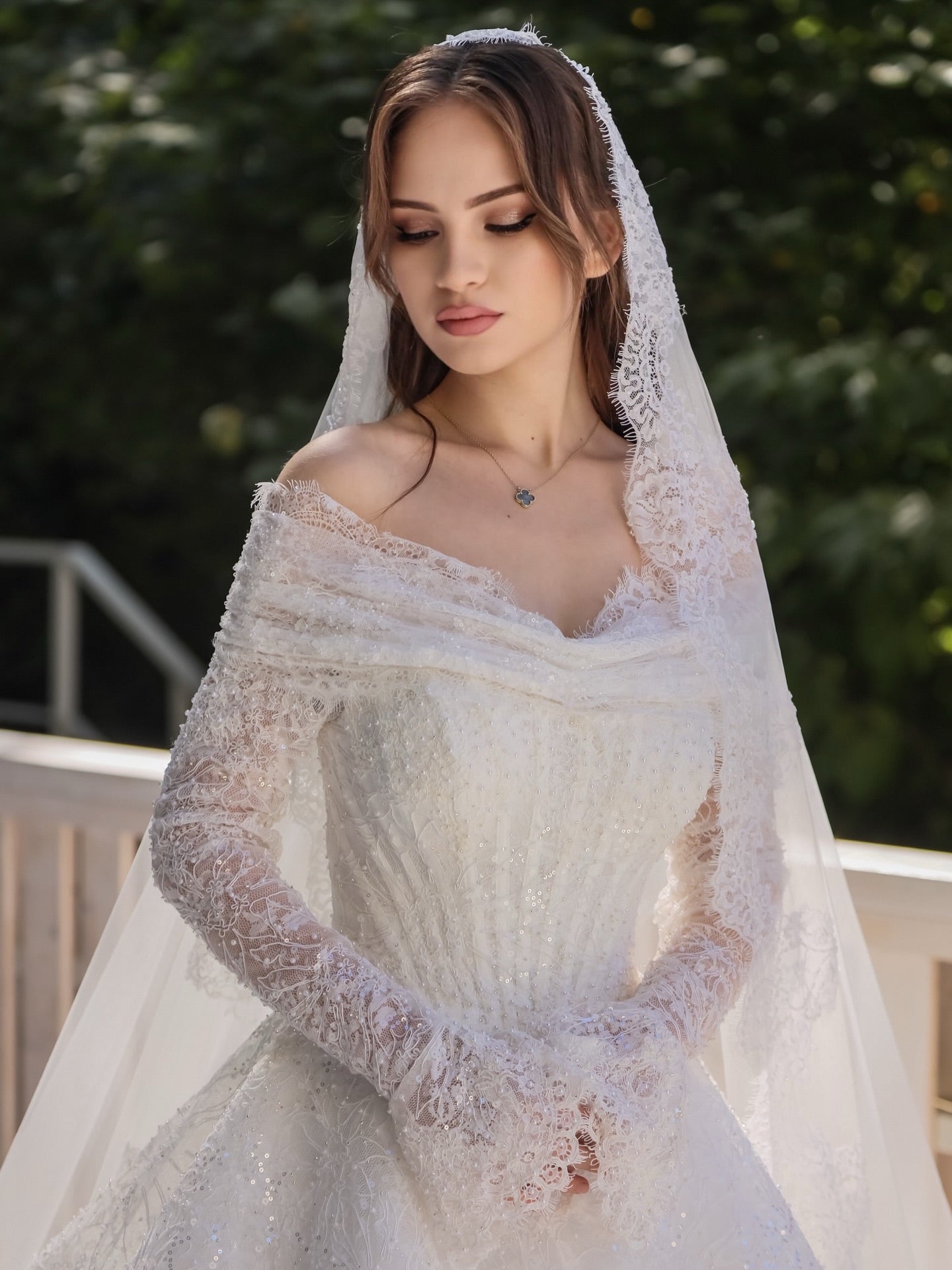 Off-the-Shoulder Long Sleeve Lace Ball Gown
