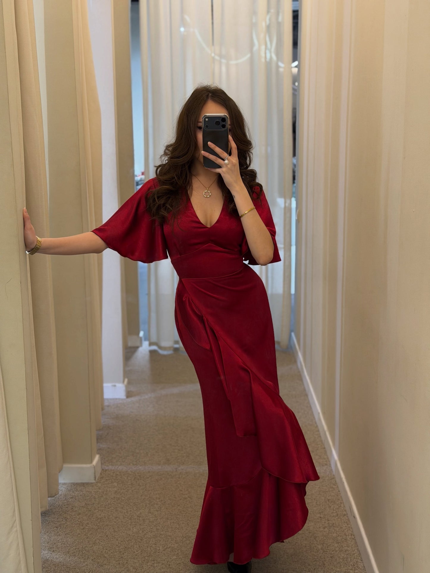 Flutter Sleeve V-Neck Satin High-Low Dress