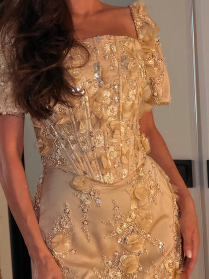 3D Floral Applique Corset Evening Gown with Sleeves
