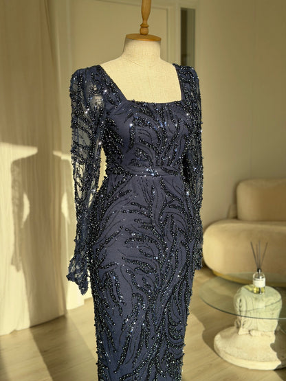 Sequin Swirl Long Sleeve Square Neck Maxi Dress