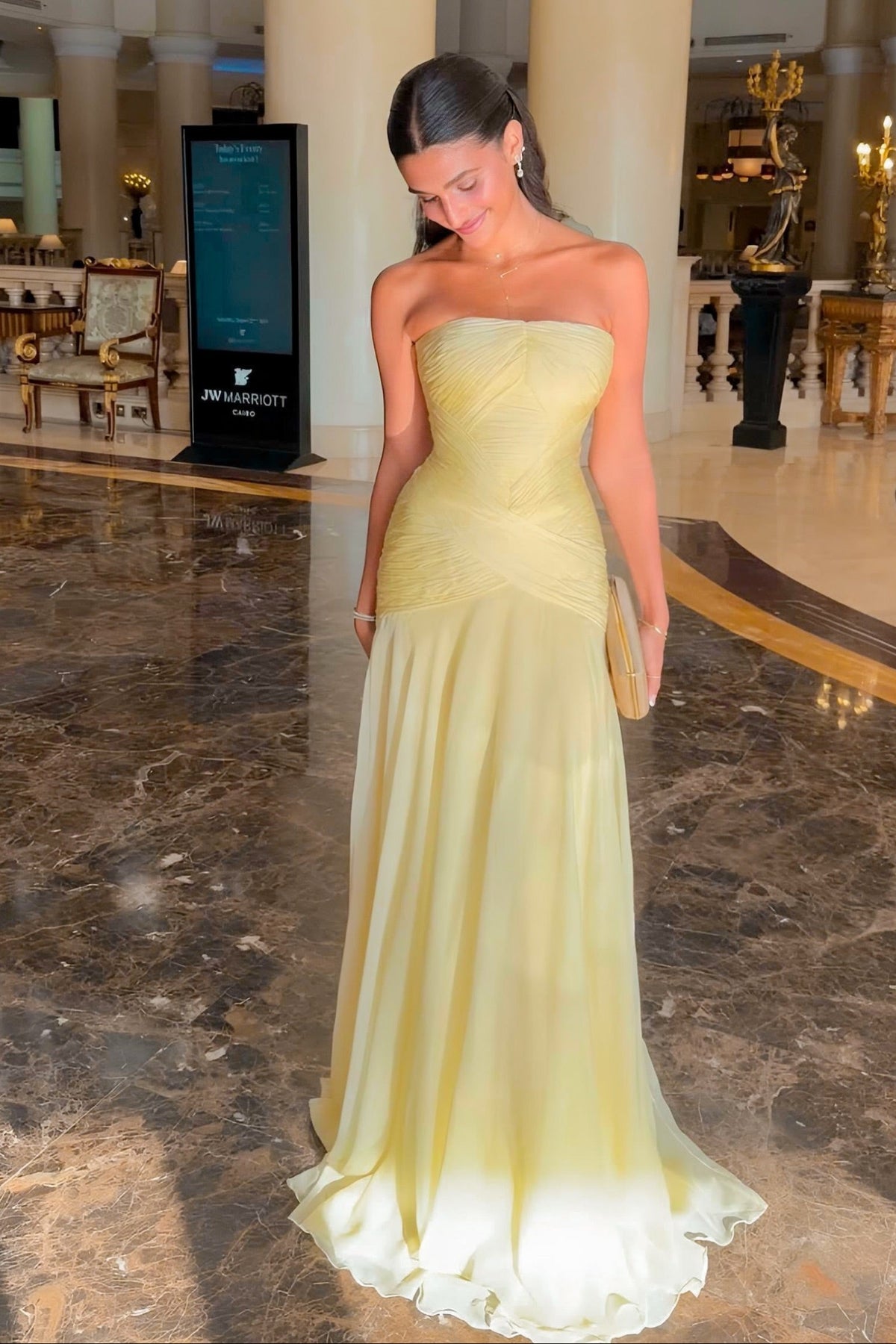 Strapless Ruched Bodice A-Line Chiffon Gown