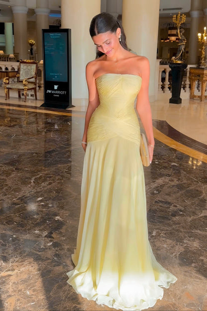 Strapless Ruched Bodice A-Line Chiffon Gown