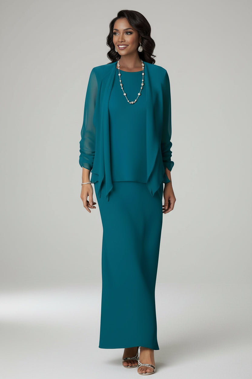 Teal Chiffon Two-Piece Mother of the Bride Dress with Jacket | Floor-Length Sheath Gown