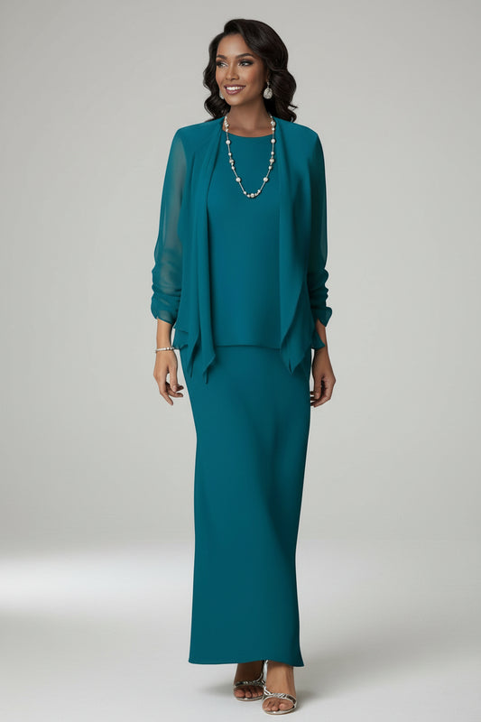 Teal Chiffon Two-Piece Mother of the Bride Dress with Jacket | Floor-Length Sheath Gown