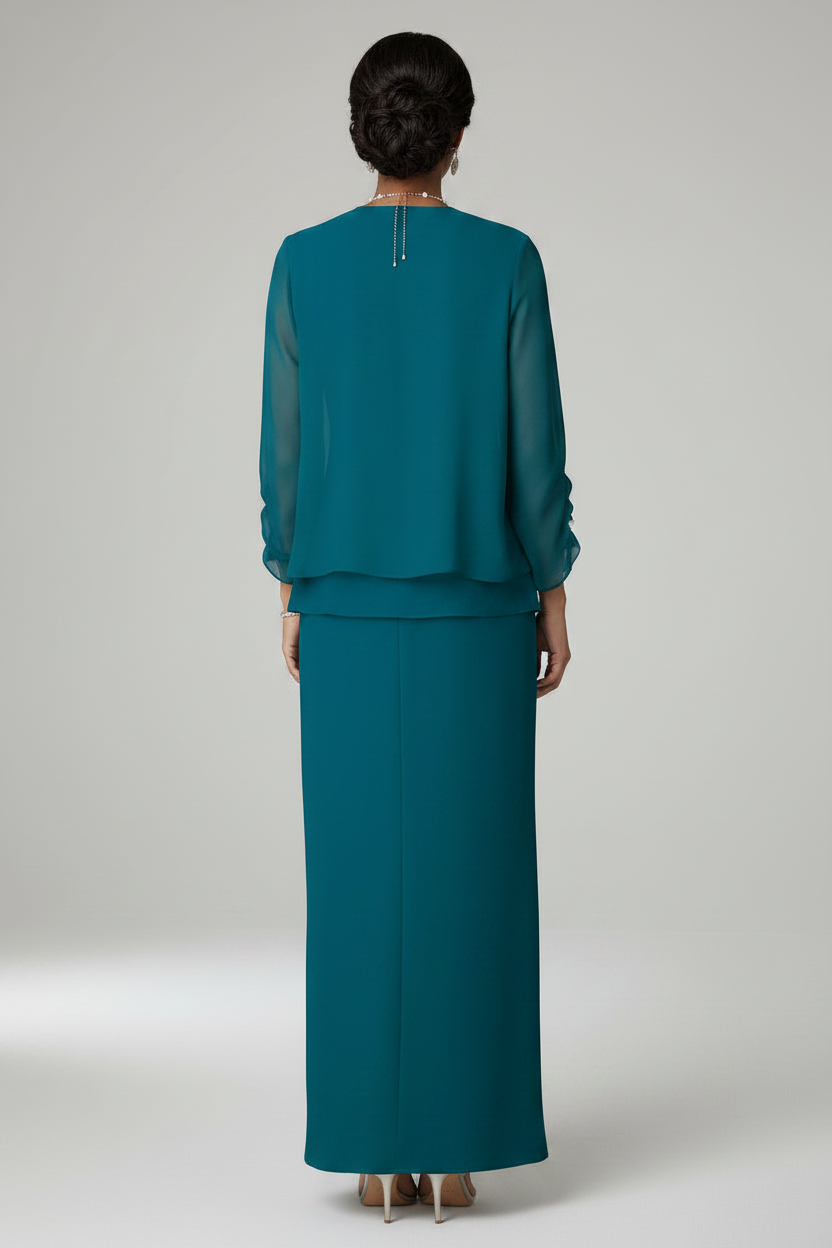 Teal Chiffon Two-Piece Mother of the Bride Dress with Jacket | Floor-Length Sheath Gown