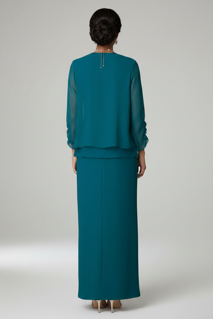 Teal Chiffon Two-Piece Mother of the Bride Dress with Jacket | Floor-Length Sheath Gown