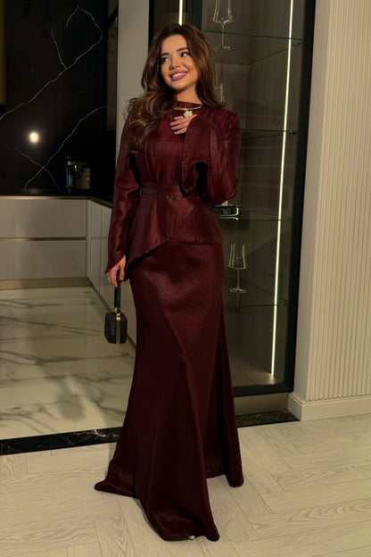 Floor-Length Evening Gown with Asymmetric Peplum