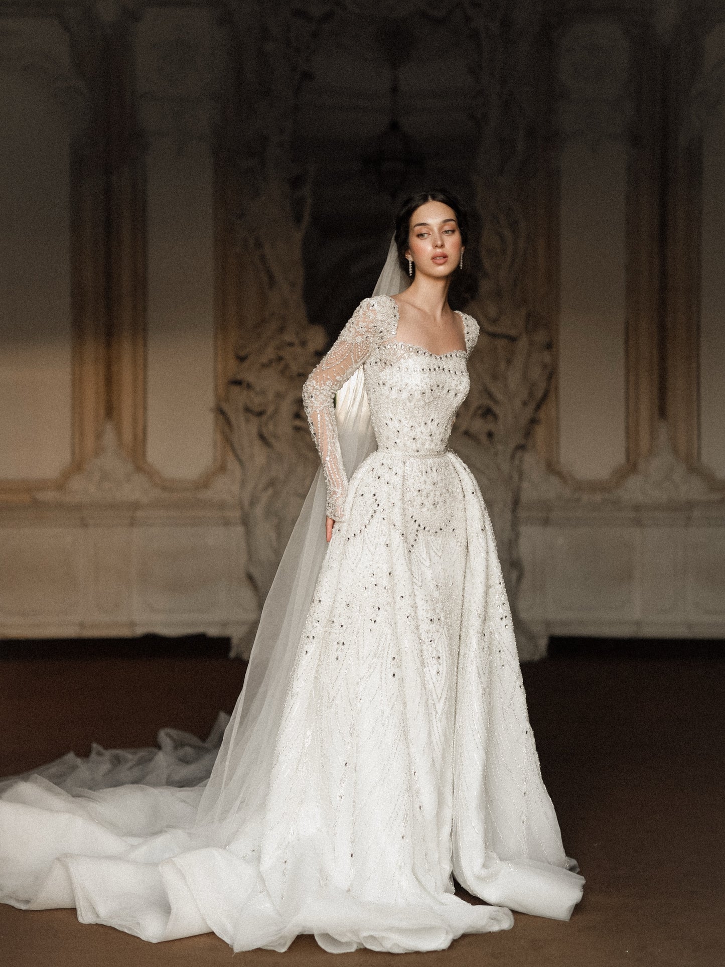 Beaded Sheath Wedding Dress with Overskirt